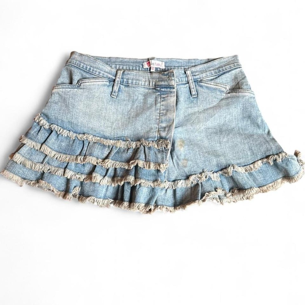 Y2K Grunge MallCore Micro Mini Ruffle Denim Skirt Sz 12 2000s Distressed